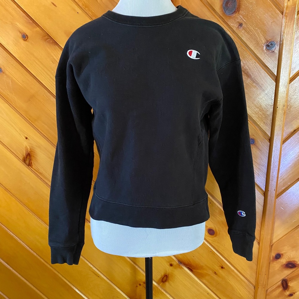 Champion Reverse Weave Sweatshirt Black Crew Neck Pullover Classic Comfy Small
